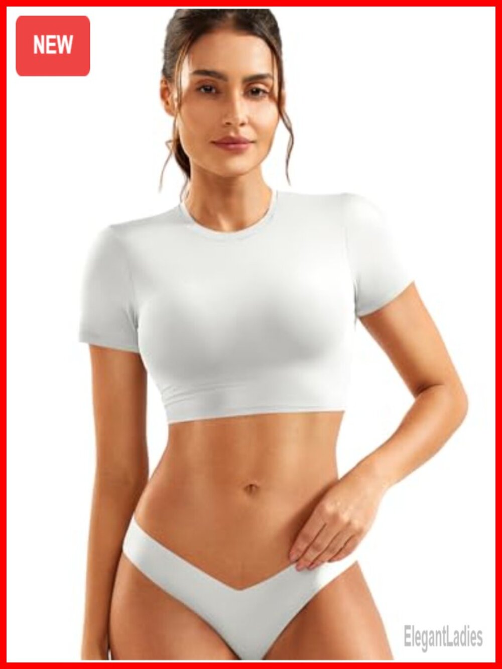 Double Lined Crop Top Short Sleeve Crew Neck Slim Fit Tee for Women
